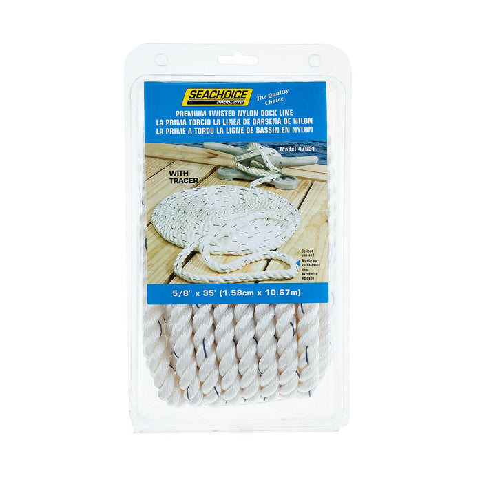 Seachoice 47621 Premium 3-Strand Twisted Nylon Dock Line, White w/ Blue Tracer, 5/8" x 35'