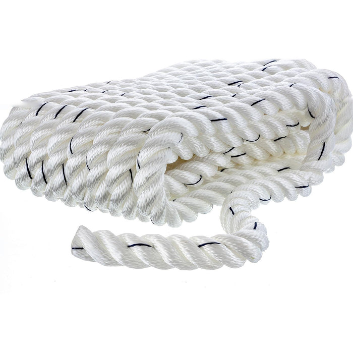 Seachoice 47631 Premium 3 Strand Twisted Nylon Dock Line, White w/ Blue Tracer, 3/4" x 25'
