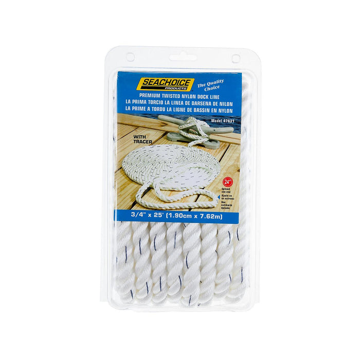 Seachoice 47631 Premium 3 Strand Twisted Nylon Dock Line, White w/ Blue Tracer, 3/4" x 25'