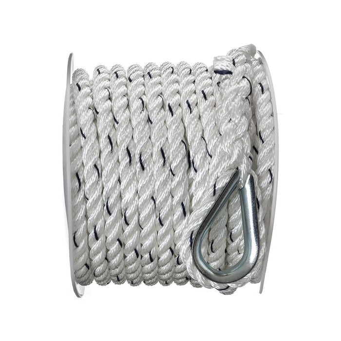 Seachoice 47691 Premium 3-Strand Twisted Nylon Anchor Line White w/ Blue Tracer, 3/8" x 50'