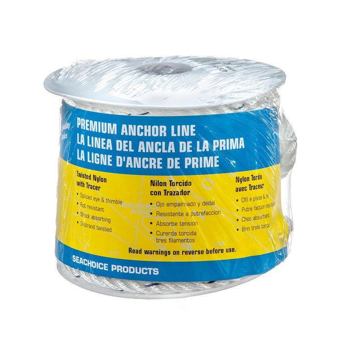 Seachoice 47691 Premium 3-Strand Twisted Nylon Anchor Line White w/ Blue Tracer, 3/8" x 50'