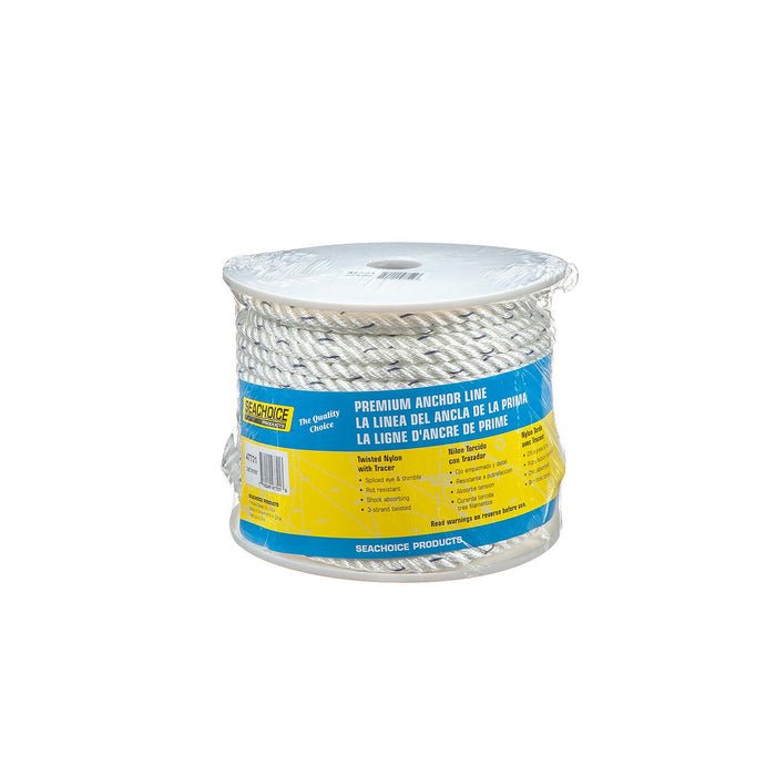 Seachoice 47721 Premium 3-Strand Twisted Nylon Anchor Line White w/ Blue Tracer, 3/8" x 150'