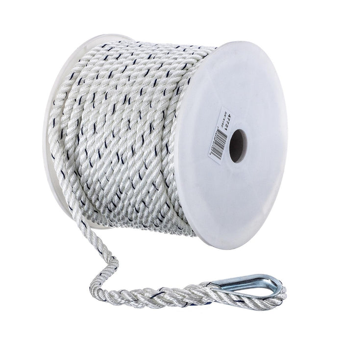 Seachoice 47721 Premium 3-Strand Twisted Nylon Anchor Line White w/ Blue Tracer, 3/8" x 150'