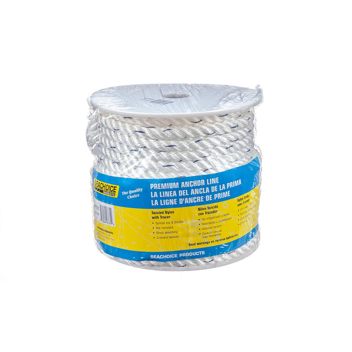 Seachoice 47731 Premium 3-Strand Twisted Nylon Anchor Line White w/ Blue Tracer, 1/2" x 100'