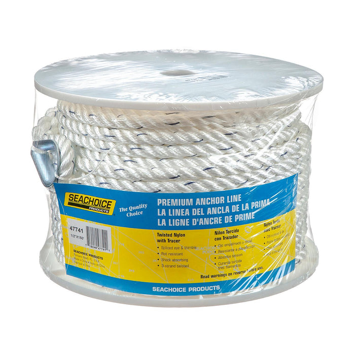 Seachoice 47741 Premium 3-Strand Twisted Nylon Anchor Line White w/ Blue Tracer, 1/2" x 150'