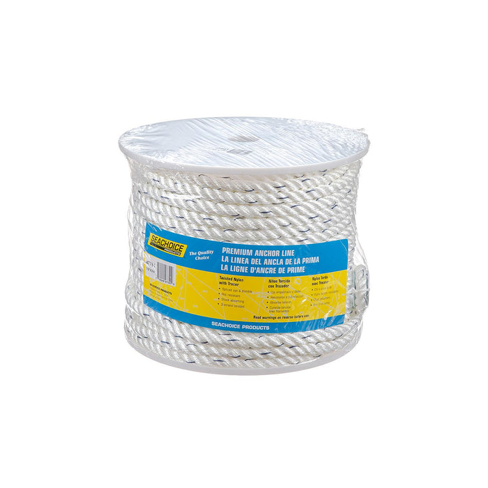 Seachoice 47751 Premium 3-Strand Twisted Nylon Anchor Line White w/ Blue Tracer, 1/2" x 200'