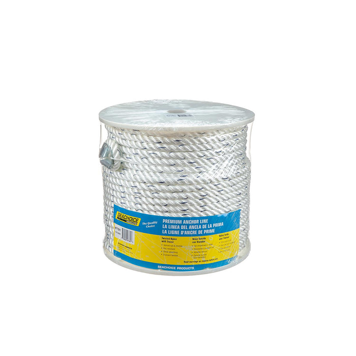 Seachoice 47781 Premium 3-Strand Twisted Nylon Anchor Line White w/ Blue Tracer, 1/2" x 250'