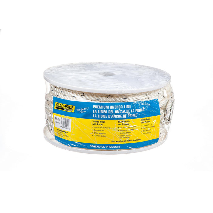 Seachoice 47911 Premium 3-Strand Twisted Nylon Anchor Line White w/ Blue Tracer, 3/8" x 200'