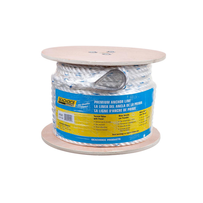 Seachoice 47921 Premium 3-Strand Twisted Nylon Anchor Line White w/ Blue Tracer, 5/8" x 200'