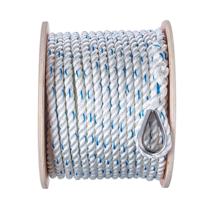 Seachoice 47931 Premium 3-Strand Twisted Nylon Anchor Line White w/ Blue Tracer, 5/8" x 250'