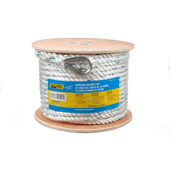 Seachoice 47931 Premium 3-Strand Twisted Nylon Anchor Line White w/ Blue Tracer, 5/8" x 250'