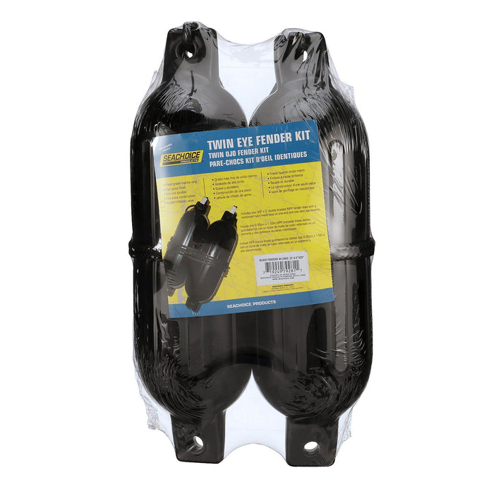 Seachoice DE77236S Black Twin Eye Ribbed Fender Kit, (2) 6.5" x 23" Fenders and (2) 3/8" x 5' Fender Lines