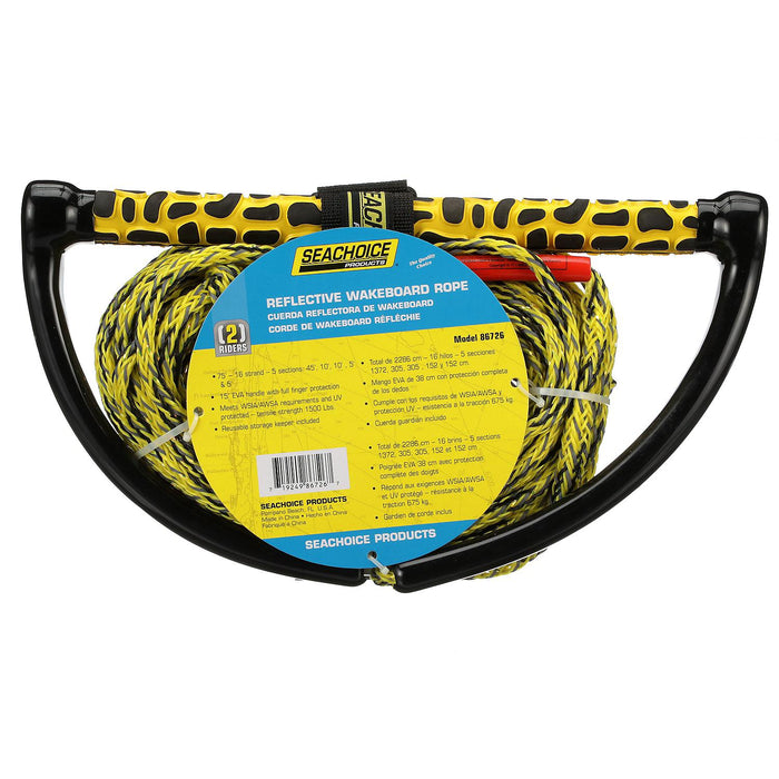Seachoice 86726 5-Section Wakeboard Reflective Rope, 75', 15" Handle w/ Textured EVA Grip