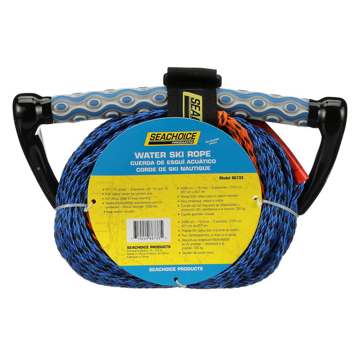 Seachoice 86733 3-Section Water Ski or Wakeboard Rope, 75', 13" Handle w/ Textured EVA Grip