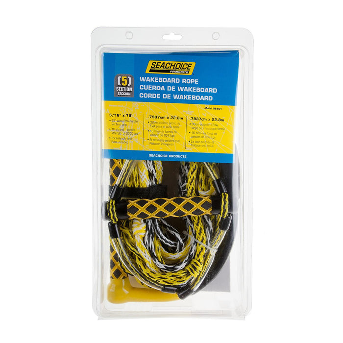 Seachoice 86801 5-Section Wakeboard Rope, 75', 15" Handle w/ Textured EVA Grip & 6" Trick Handle