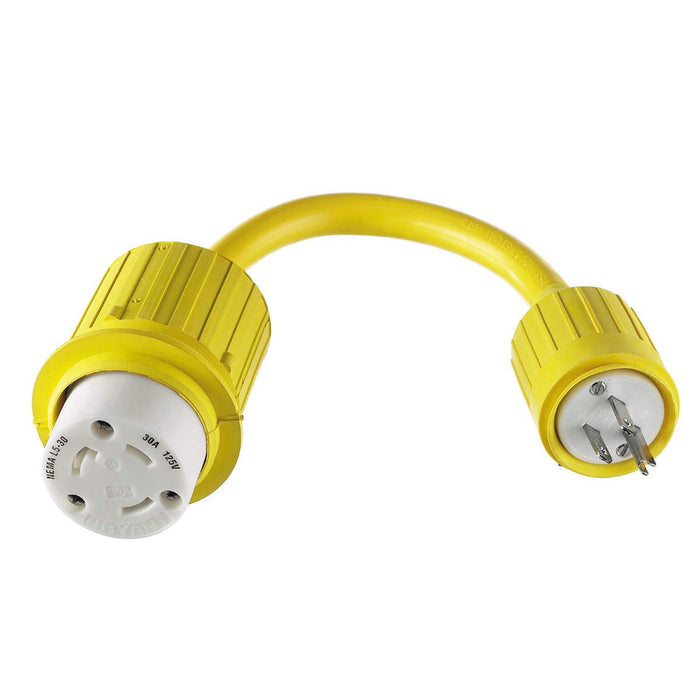 Hubbell HBL104 Yellow Watertight 30A 125V Locking Female to 15A 125V Straight, Blade Male Adapter