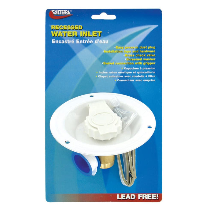 Valterra A01-0176LFVP Brass Check Valve 1/2" RV Inlet, Recessed, White, includes Tape, Male Nipple & Hardware