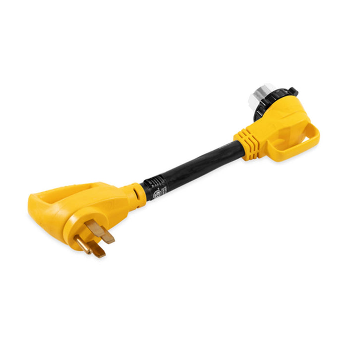 Camco 55562 90° Powergrip Locking Adapter, 18", 50A Female Locking / 50A Male Std