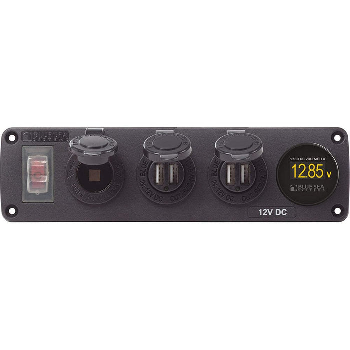Blue Sea 4368-BSS USB Accessory Panel, Water Resistant, 12V Socket, 2x 2.1A Dual Chargers, Voltmeter