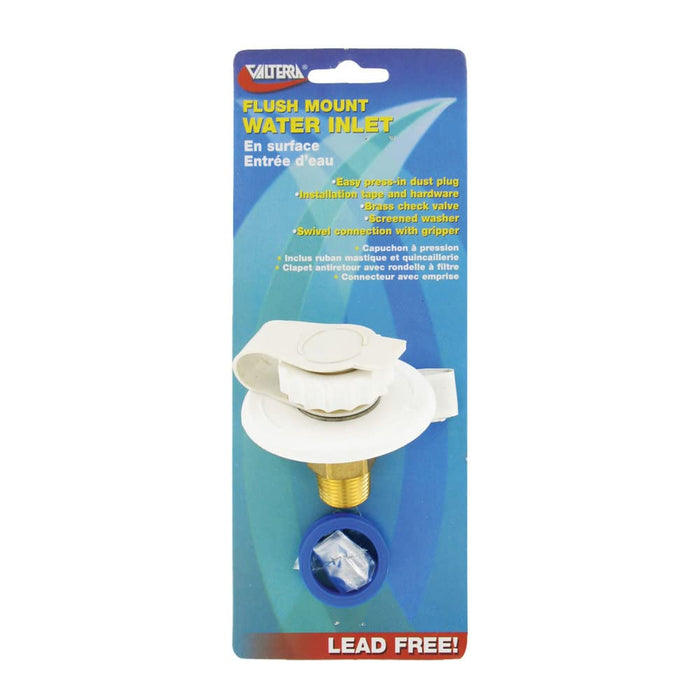 Valterra A01-0170LFVP Flush Mount RV Water Inlet, MPT Plastic Flange, Brass Check Valve, includes Screws & Tape