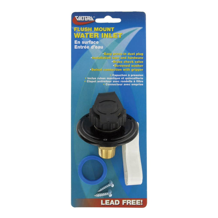 Valterra A01-0169LFVP Flush Mount RV Water Inlet, MPT Plastic Flange, Brass Check Valve, includes Screws & Tape
