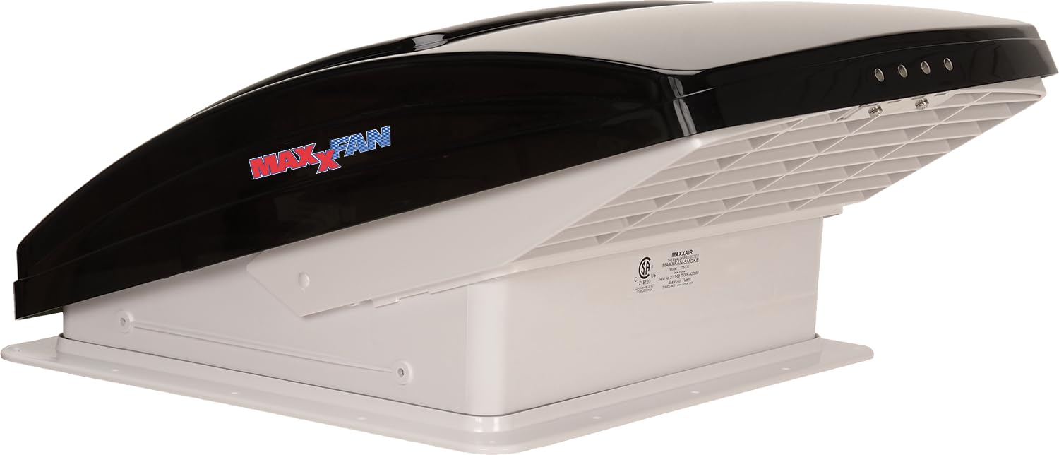 MaxxAir 00-06401K MaxxFan Deluxe Smoke RV 4-Speed Fan w/Manual Opening & Rain, Shield