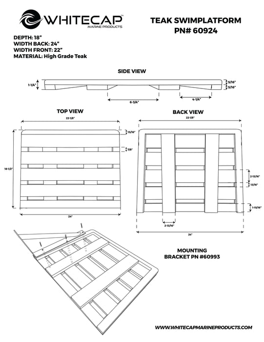 Whitecap 60924 24"X22" Teak Swim Platform