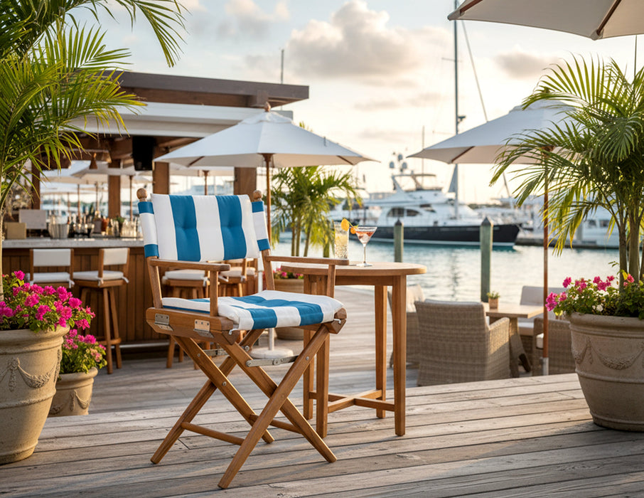 Whitecap 61040 Premium Grade Teak Newport Folding Director's Chair with Cabana Regatta Sunbrella Fabric Seat Cushions