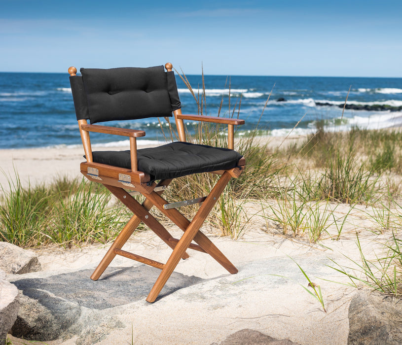 Whitecap 61041 Premium Grade Teak Newport Folding Director's Chair with Black Sunbrella Fabric Seat Cushions