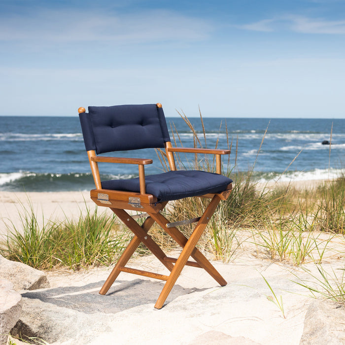 Whitecap 61042 Premium Grade Teak Folding Director's Chair with Navy Sunbrella Fabric Seat Cushions