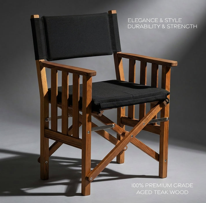 Whitecap 61051 Premium Grade Teak Hemmingway Folding Director's Chair with Black Sunbrella Fabric Seat Cushions
