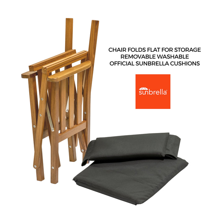 Whitecap 61051 Premium Grade Teak Hemmingway Folding Director's Chair with Black Sunbrella Fabric Seat Cushions
