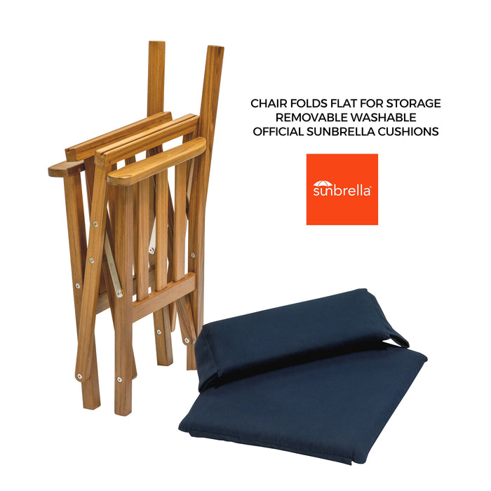 Whitecap 61052 Premium Grade Teak Folding Hemmingway Director's Chair with Navy Sunbrella Fabric Seat Cushions