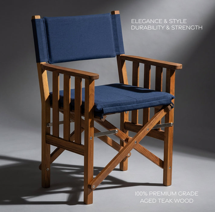 Whitecap 61052 Premium Grade Teak Folding Hemmingway Director's Chair with Navy Sunbrella Fabric Seat Cushions