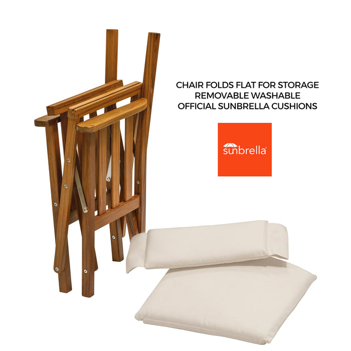 Whitecap 61053 Premium Grade Teak Folding Director's Chair II with Oyster Sunbrella Fabric Seat Cushions