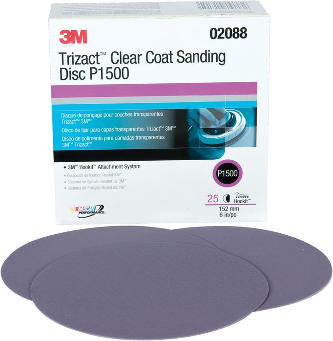 3M 02088 Trizact Hookit 6" P1500 Grade Clearcoat Sanding Disc 25 per Box