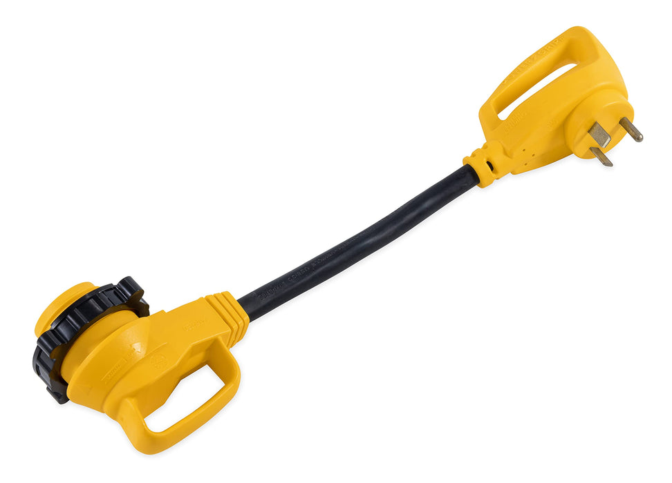 Camco 55522 90° Powergrip Locking Adapter, 18", 30A Female Locking / 30A Male Std