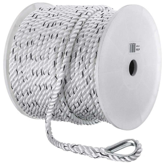 Seachoice 47781 Premium 3-Strand Twisted Nylon Anchor Line White w/ Blue Tracer, 1/2" x 250'
