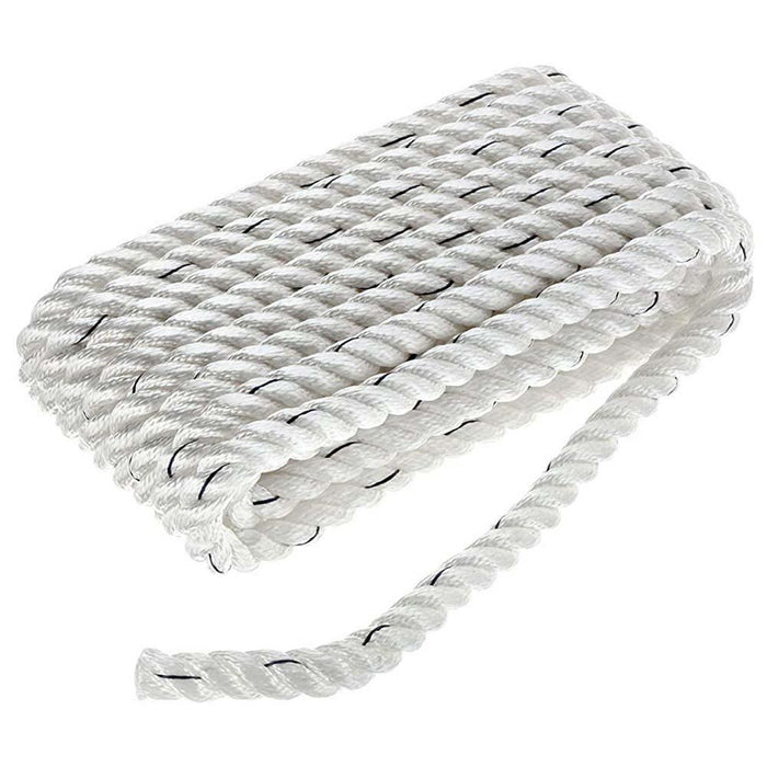 Seachoice 47531 Premium 3-Strand Twisted Nylon Dock Line, White w/ Blue Tracer, 3/8" x 25'