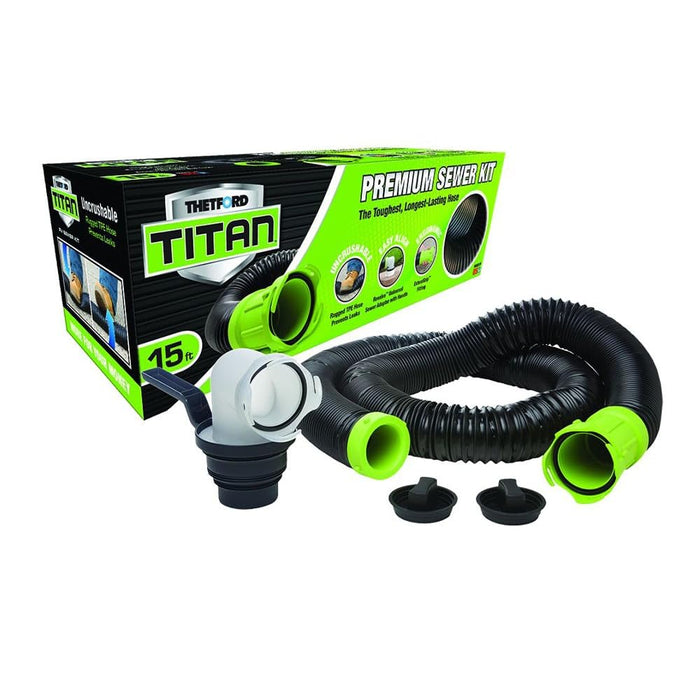 Thetford 17853 Titan Premium 15' Sewer Hose Kit w/Universal Bayonet Connection &, 5-in-1 Sewer Adapter w/Handle