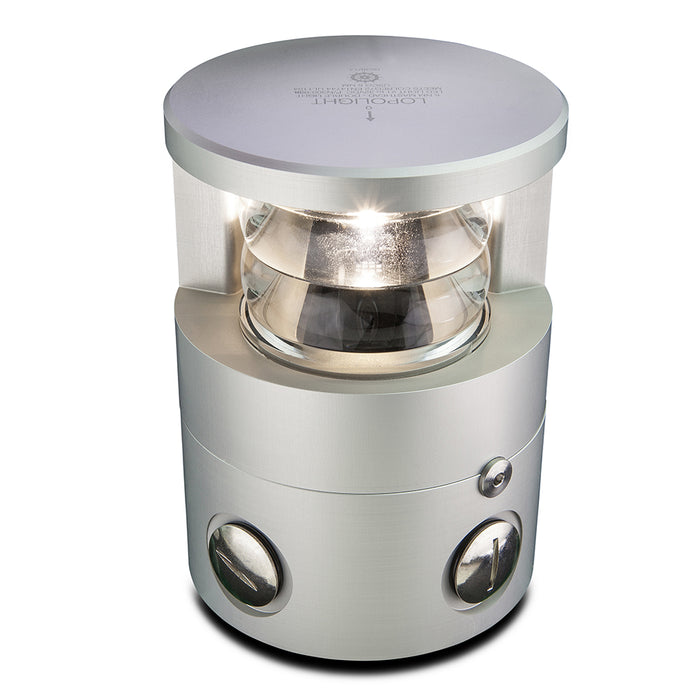Serie 300-038 de Lopolight: luz de mástil de doble apilado, 5 millas náuticas, montaje horizontal, color blanco, carcasa plateada