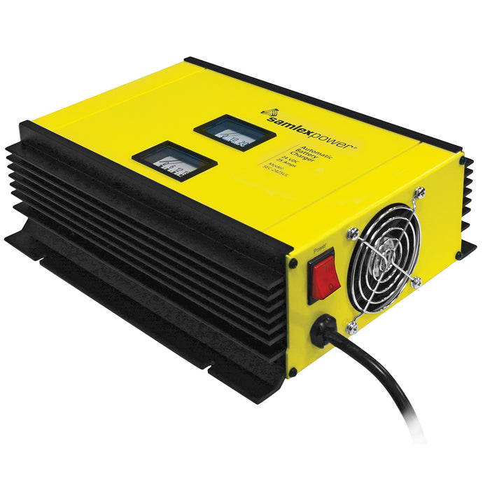 Cargador de batería Samlex de 25 A, 24 V, 2 bancos, 3 etapas, con interruptor DIP y terminales, incluye sensor de temperatura