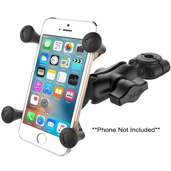 Base de riel mini RAM Mount RAM® Torque™ de 3/8" a 5/8" de diámetro con bola de 1", brazo corto y X-Grip® para teléfonos