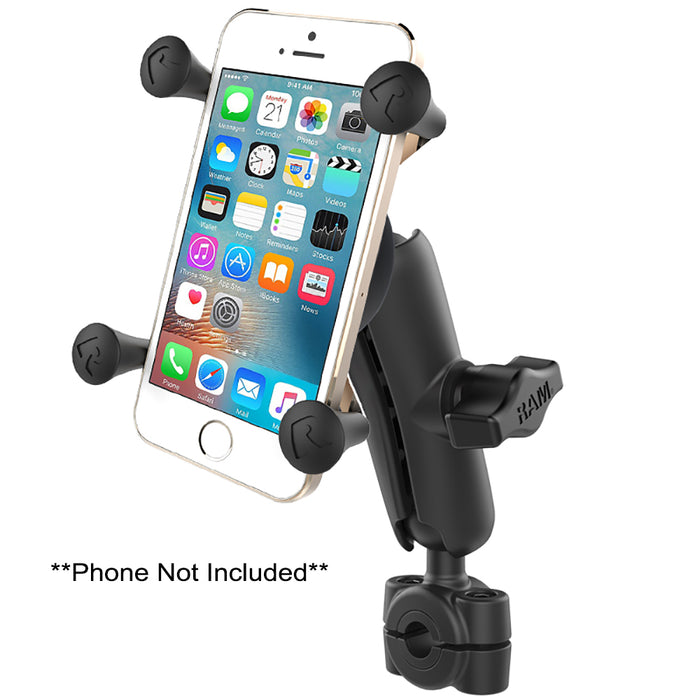 Base de riel mini RAM Mount RAM® Torque™ de 3/8" a 5/8" de diámetro con bola de 1", brazo mediano y X-Grip® para teléfonos