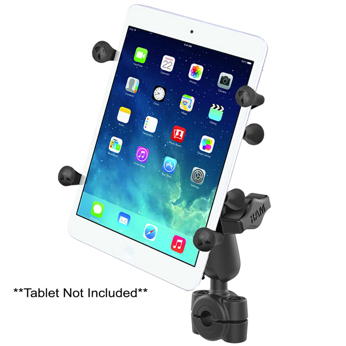 Base de riel mini RAM Mount RAM® Torque™ de 3/8" a 5/8" de diámetro con bola de 1", brazo mediano y X-Grip® para tabletas de 7 a 8"