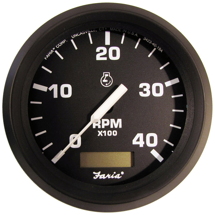 Tacómetro Faria Euro Black de 4" con horómetro (4000 RPM) (Diesel) (Despegue mecánico y relación de variación alternativa)
