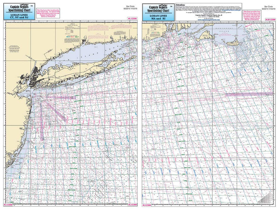Captain Segull Charts LR12300 Loran Lines, MA, CT, RI, NY, & NJ out to Canyons, NOAA Chart 12300