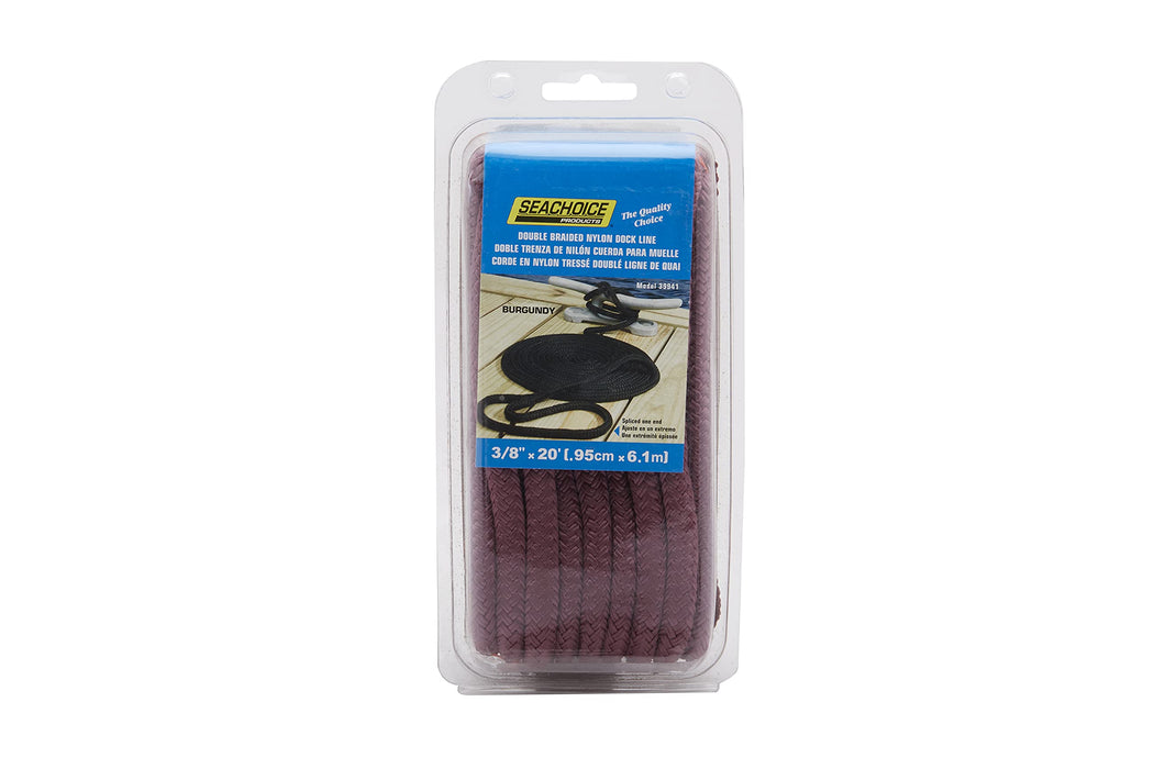 Seachoice Double-Braid Nylon Dock Line w/ Eye Splice, Pre-Shrunk, Heat Stabilized, 3/8 In. X 20 Ft., Burgundy