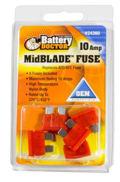 Wirthco 24360 Battery Doctor Midblade ATO/ATC Fuses, 10A, 5/Pk