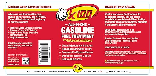 K100 Fuel Treatment 405QT - 32 oz K100+ Gas Treatment, Reverses Phase Separation, Water Eliminator